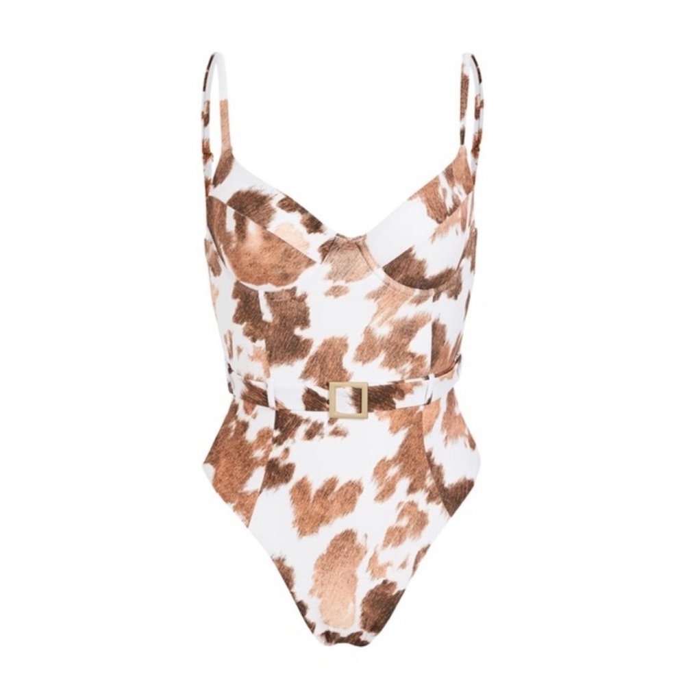 WEWOREWHAT
Danielle Belted Cow-Print One-Piece Swimsuit